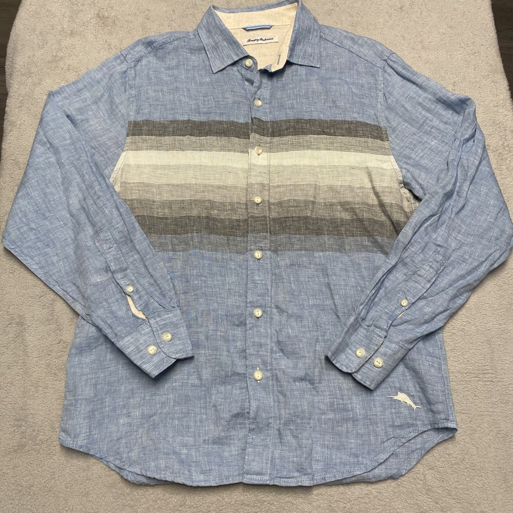 Tommy Bahama Shirt Mensβ Medium Blue Linen Striped Casual Beach Coastal Preppy